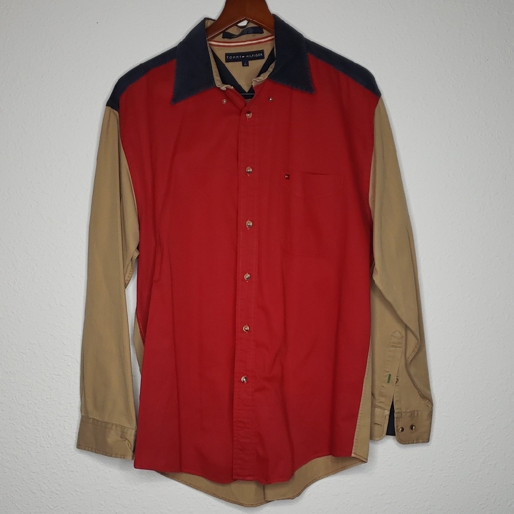 Vintage Tommy Hilfiger Cotton Wool Corduroy Colorblock Button Shirt Size L 90s - Picture 2 of 16